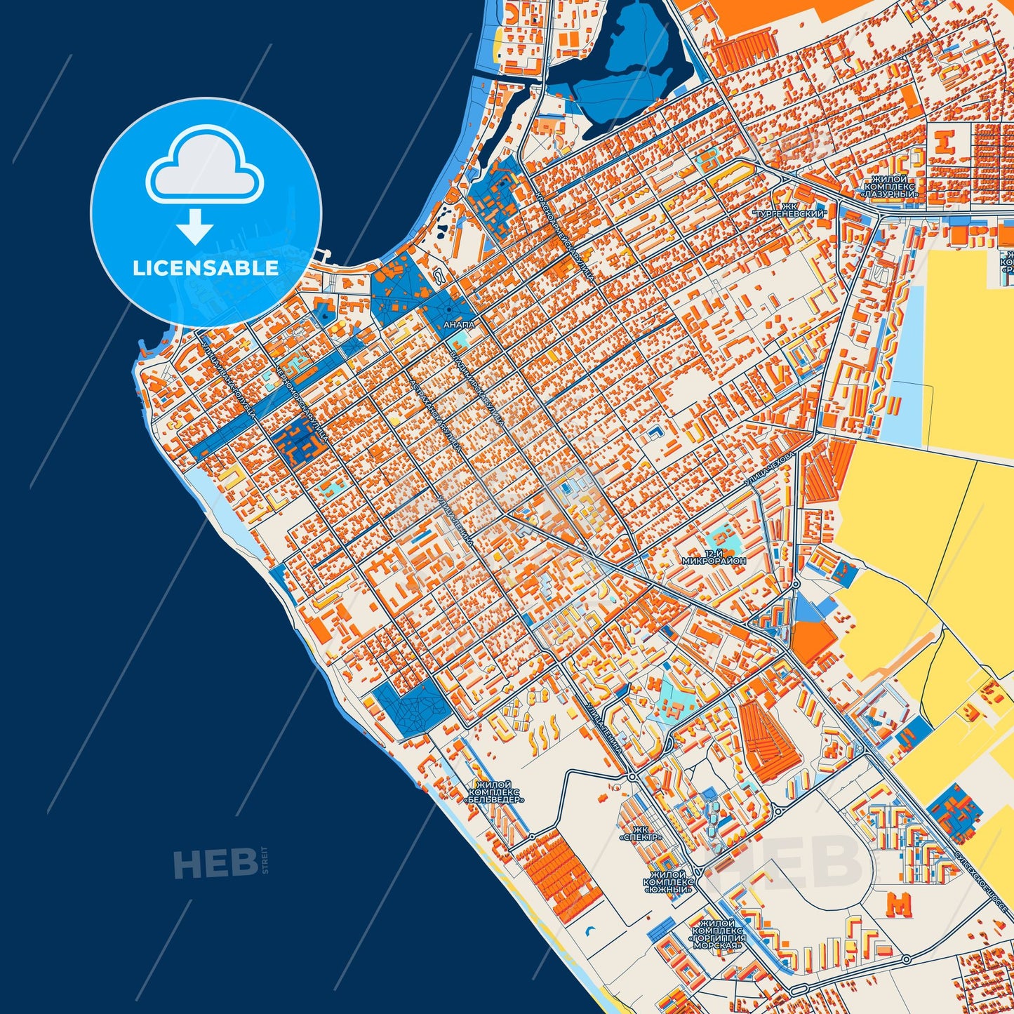 Colorful Anapa Street Map with Labels and Buildings