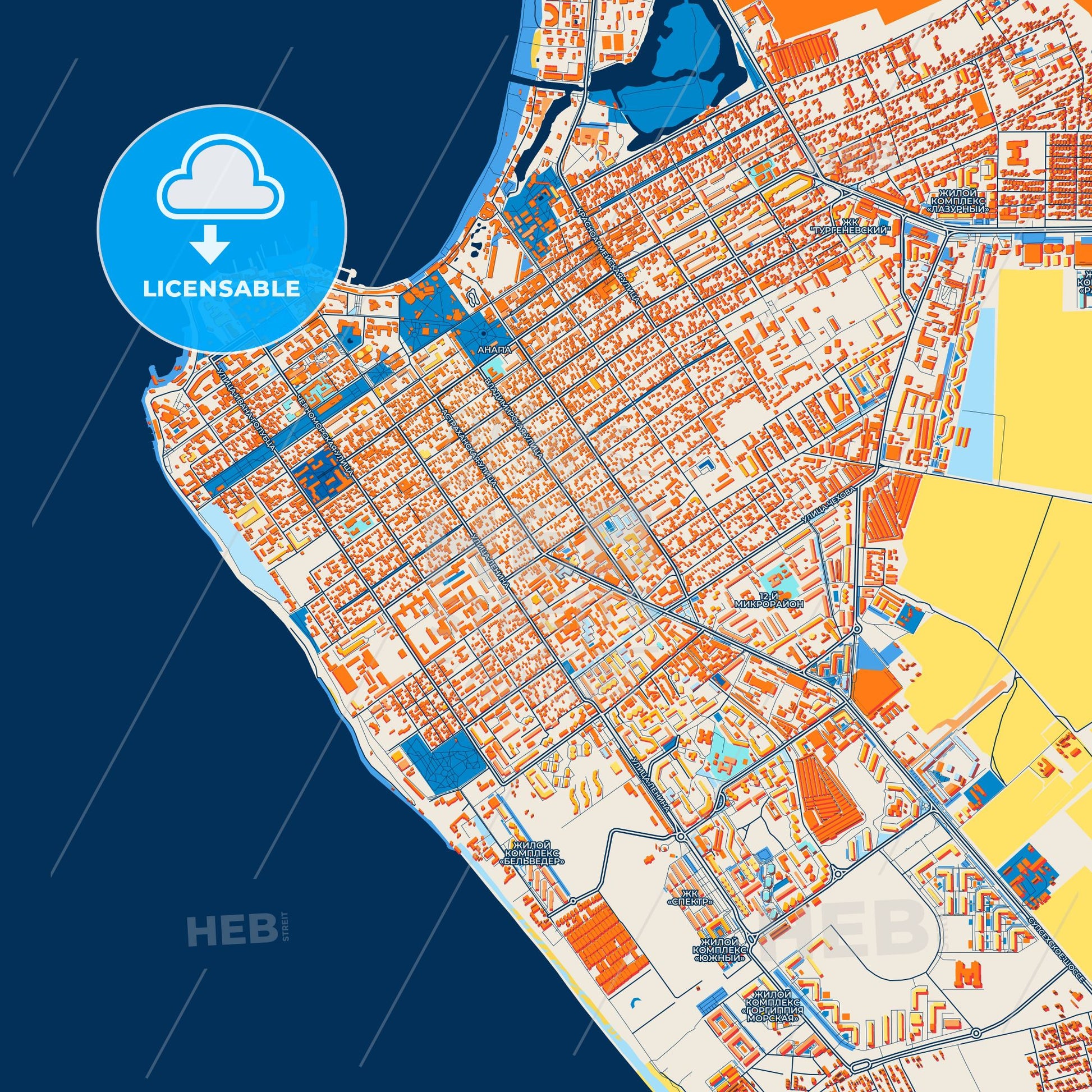 Colorful Anapa Street Map with Labels and Buildings