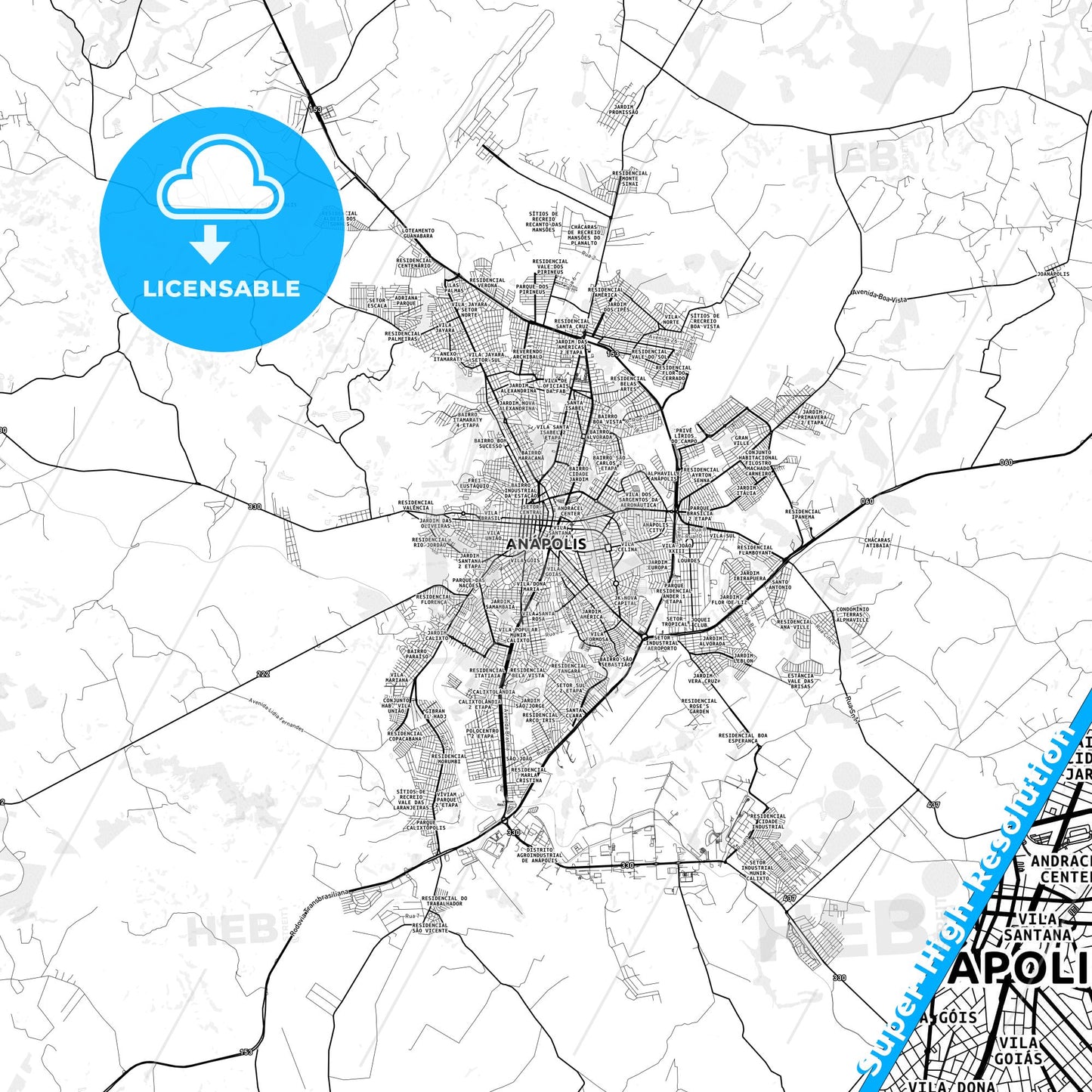 Anapolis, Brazil light map with streetnames, citynames and districts