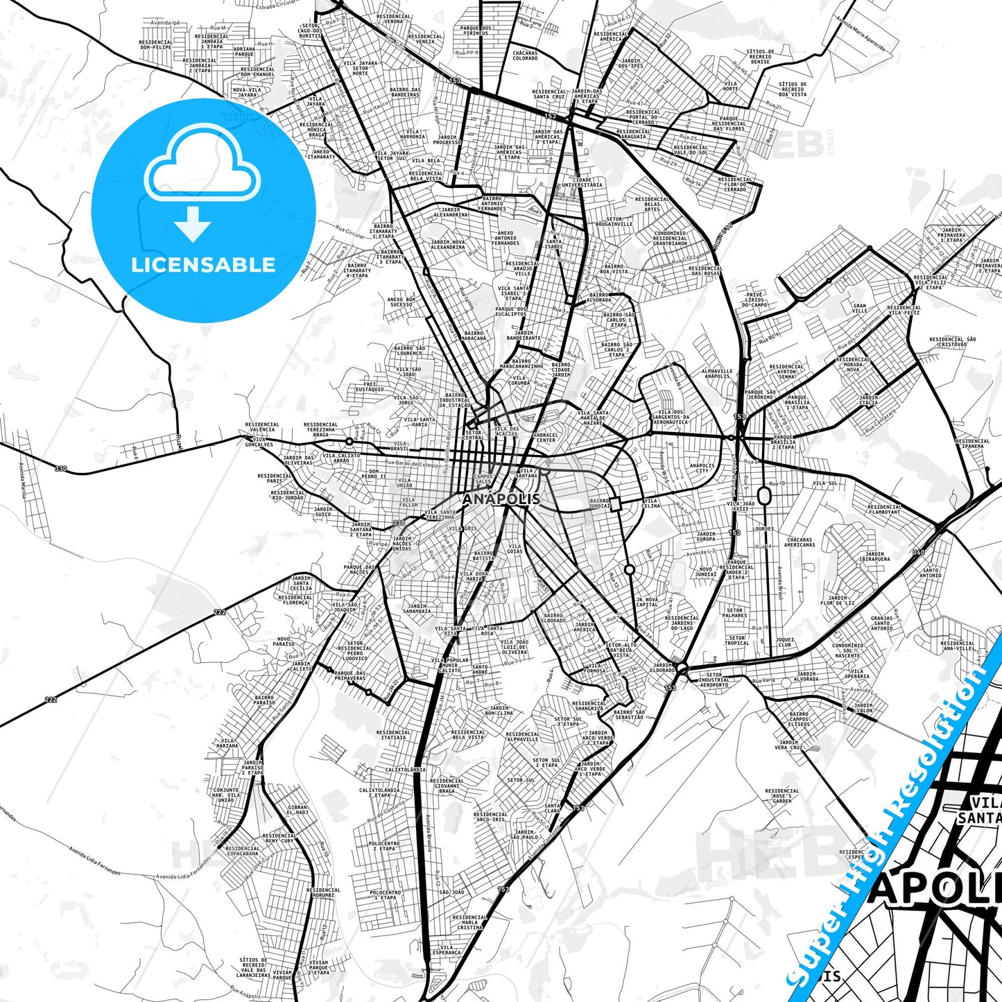 Anapolis, Brazil Light Map with Street Names, City Names, and Districts