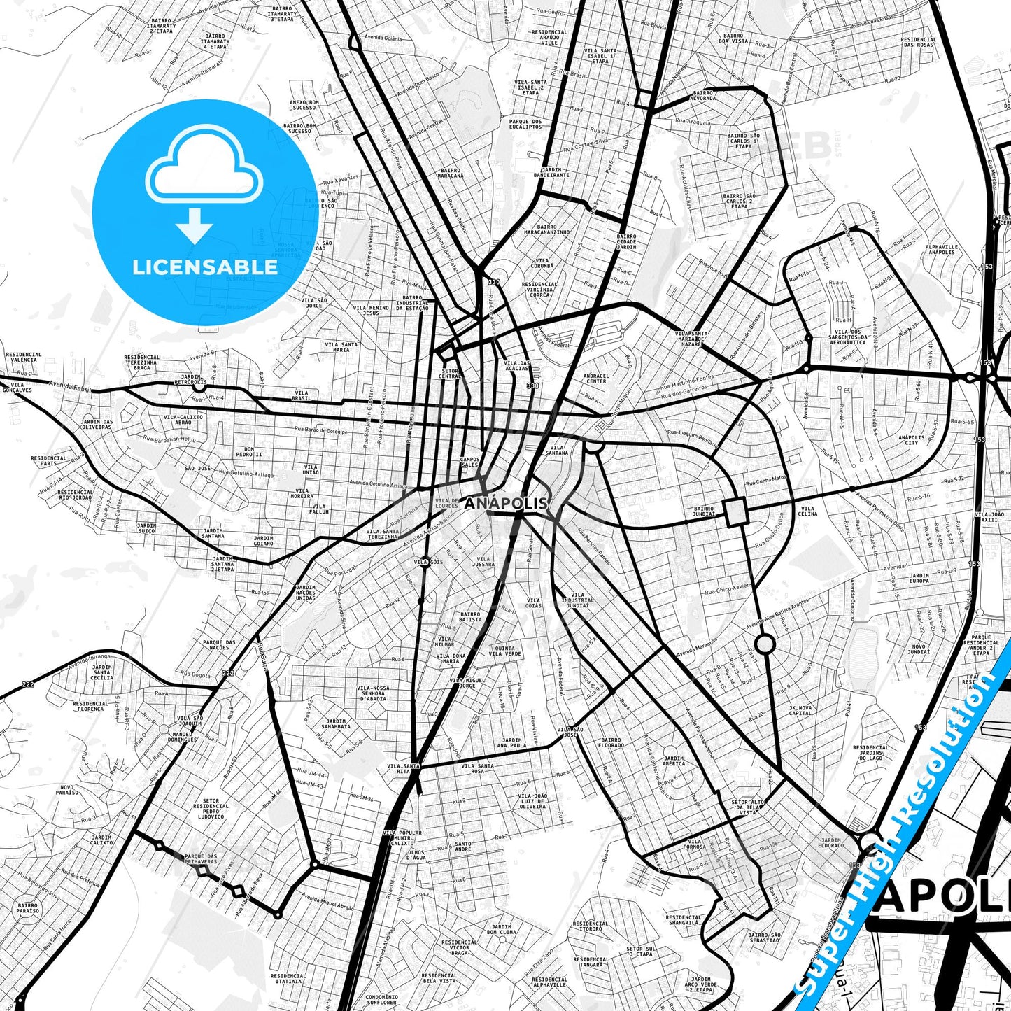 Anapolis, Brazil Light Map with Street Names, City Names, and Districts