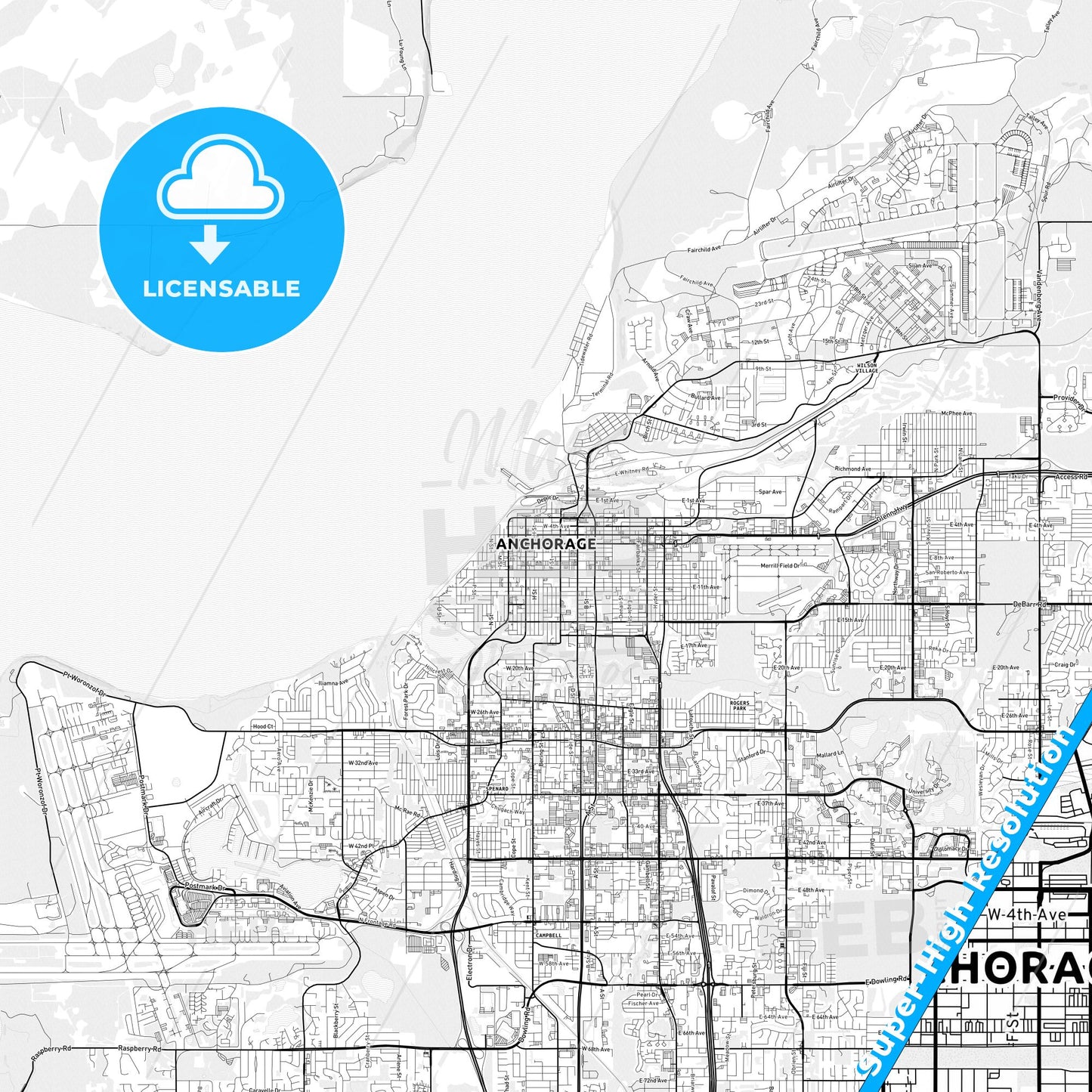 Anchorage, Alaska light map with streetnames, citynames and districts