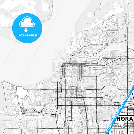 Anchorage, Alaska light map with streetnames, citynames and districts