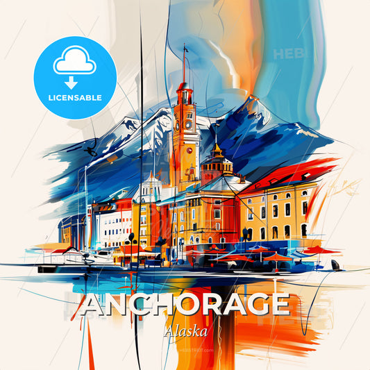 Vibrant Anchorage, Alaska - A Painting Of A Building And Mountains - Square format print template