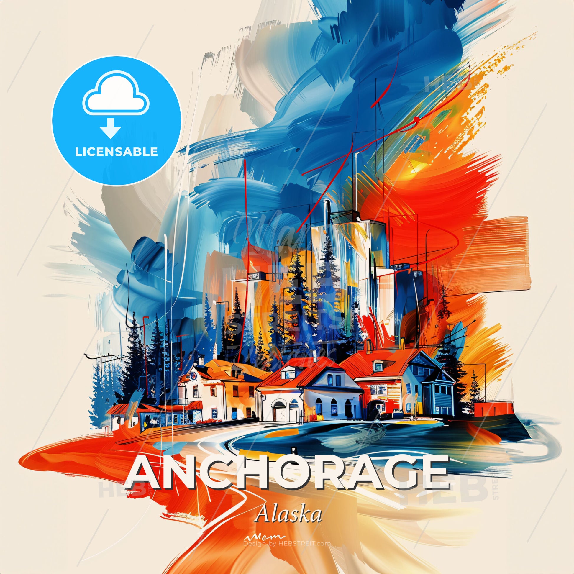 Vibrant Anchorage, Alaska - A Painting Of A Town - Square format print template