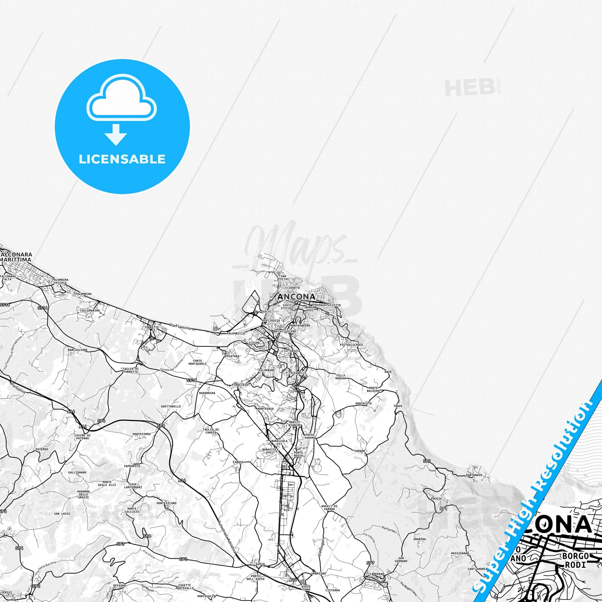 Ancona, Italy light map with streetnames, citynames and districts