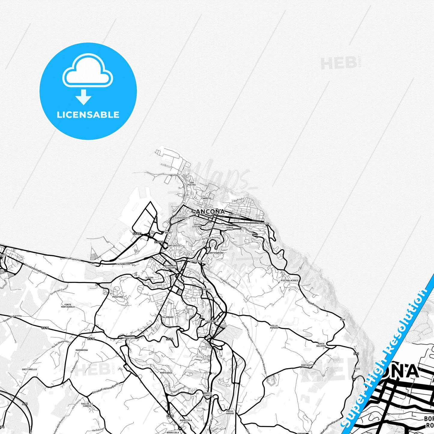 Ancona, Italy Light Map with Street Names, City Names, and Districts