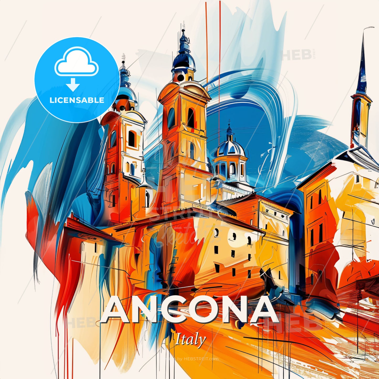 Vibrant Ancona, Italy - A Painting Of A Building With Towers - Square format print template