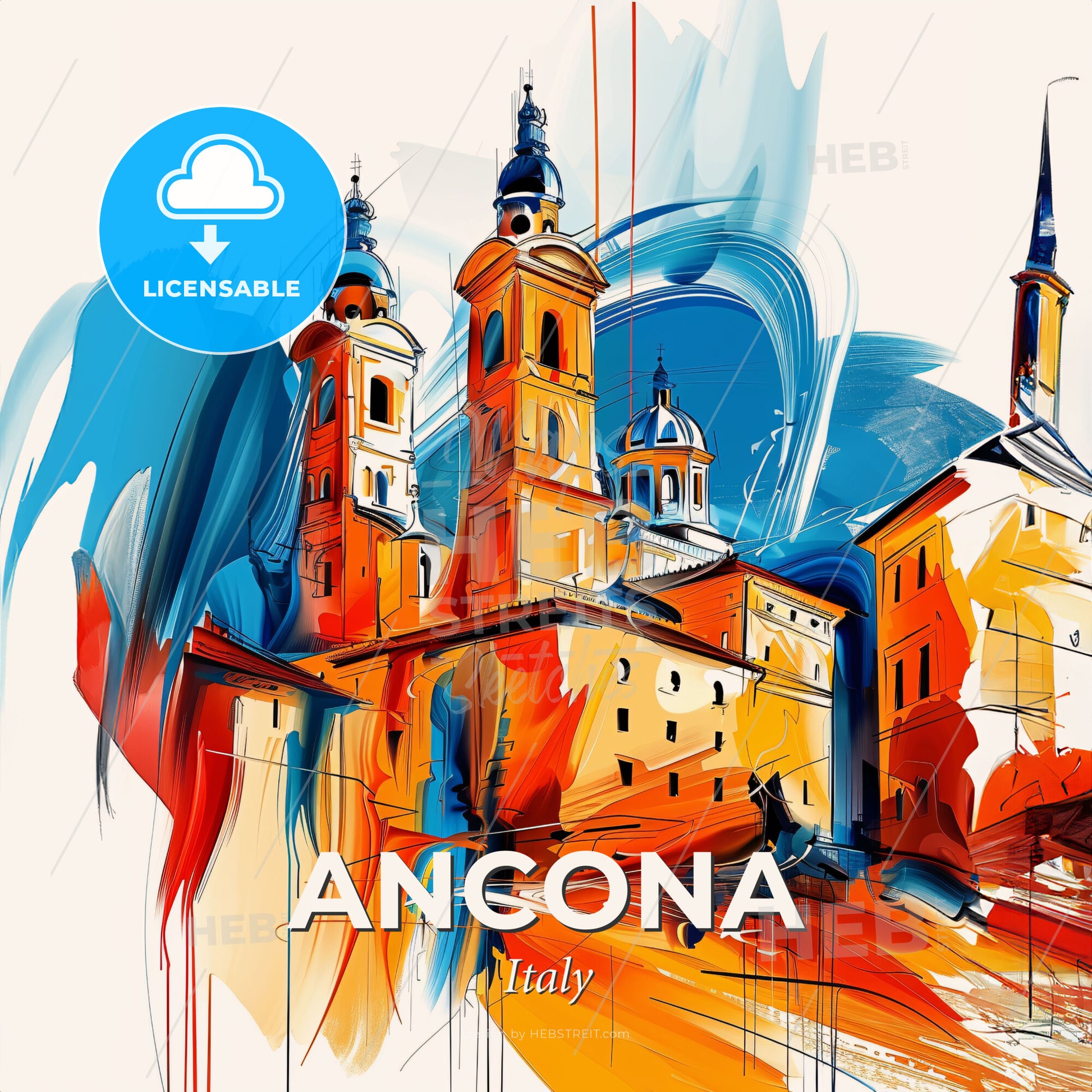 Vibrant Ancona, Italy - A Painting Of A Building With Towers - Square format print template