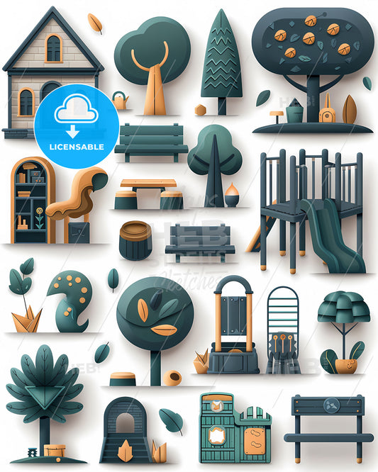 Detailed, geometric, street-savvy realistic urban scene icon set, with found objects, in green and navy, with subtle shading, on white background
