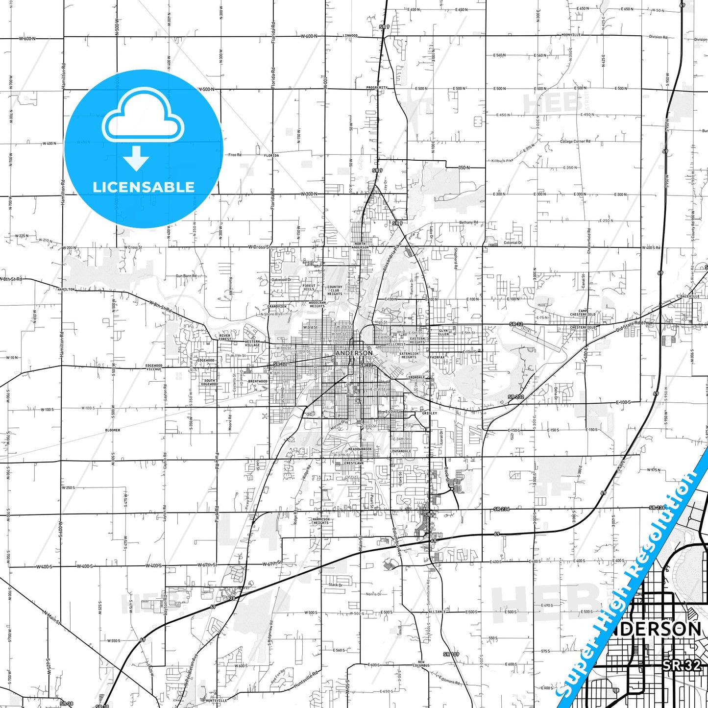 Anderson, Indiana light map with streetnames, citynames and districts