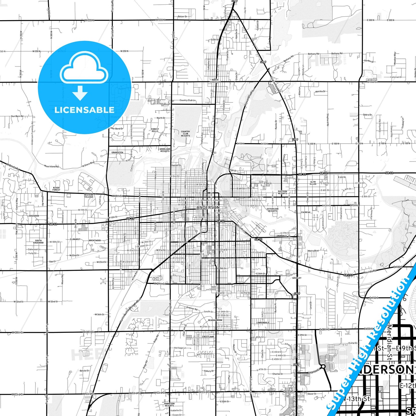 Anderson, Indiana Light Map with Street Names, City Names, and Districts