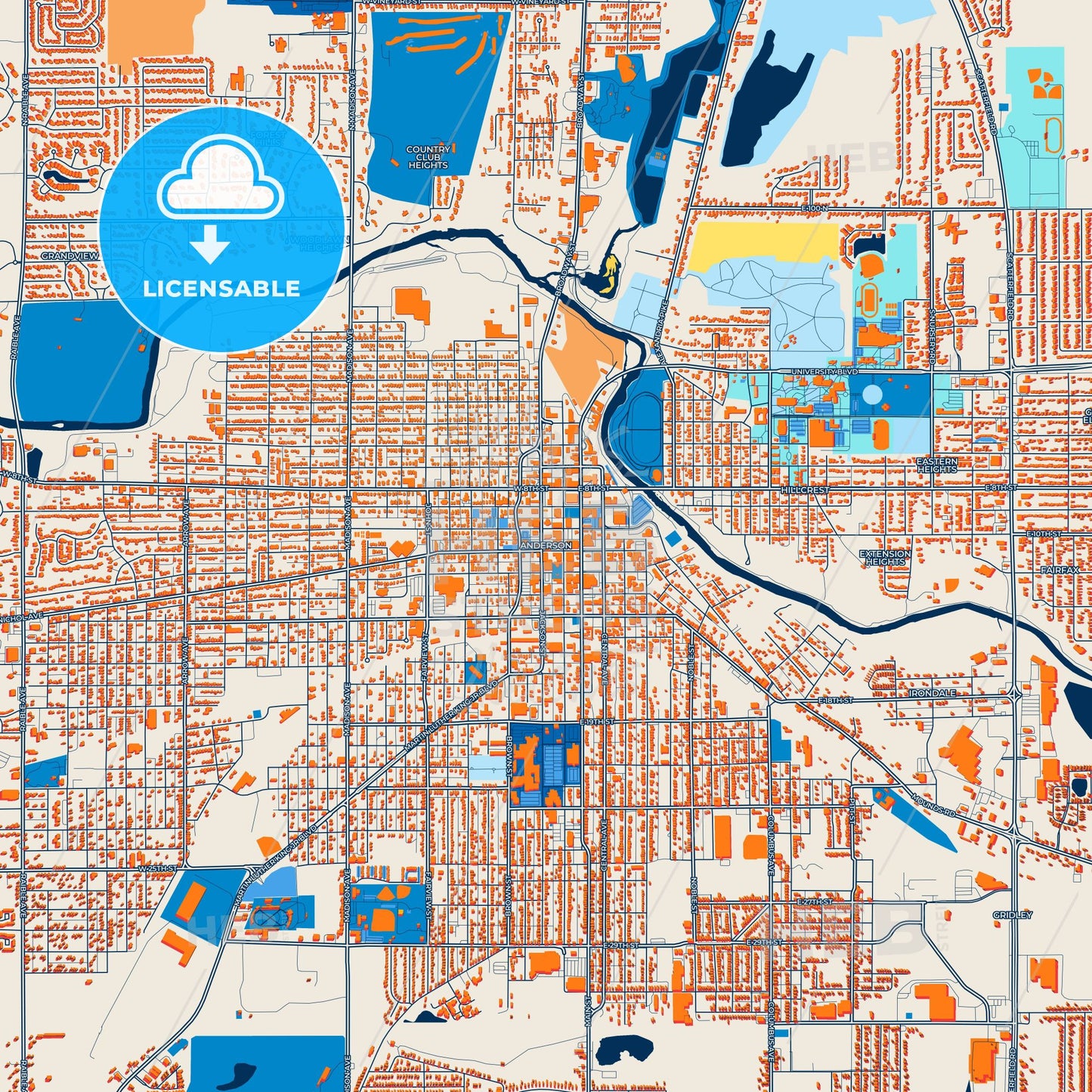 Colorful Anderson Street Map with Labels and Buildings