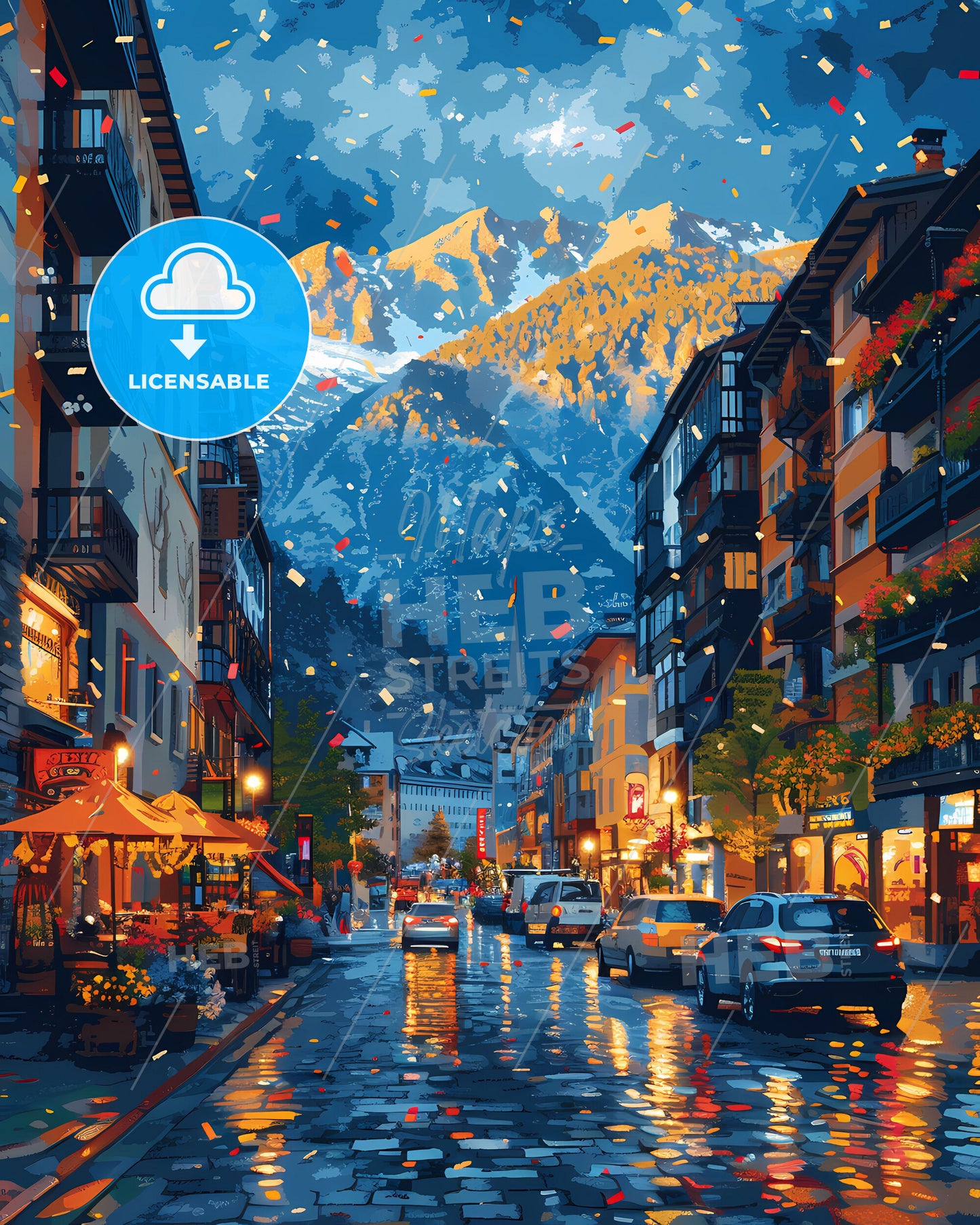 Vibrant Andorra Street Art with Mountain Panorama - Europe, Cityscape, Painting, Buildings