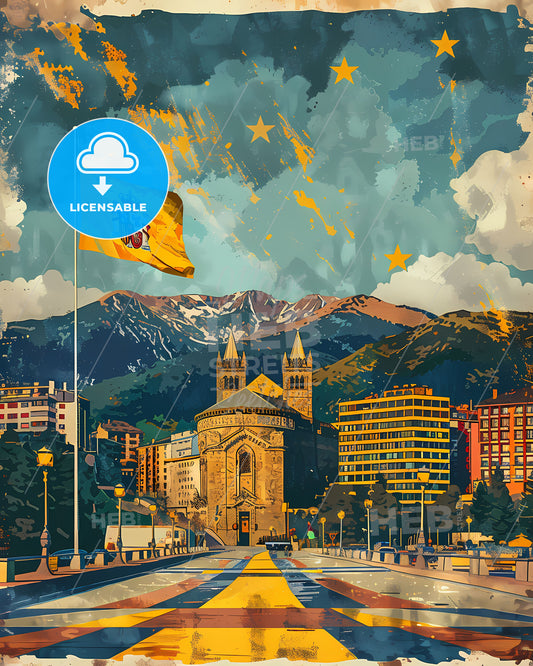 Artistic Flag of Andorra, Vibrant Cityscape, European Landscape Painting