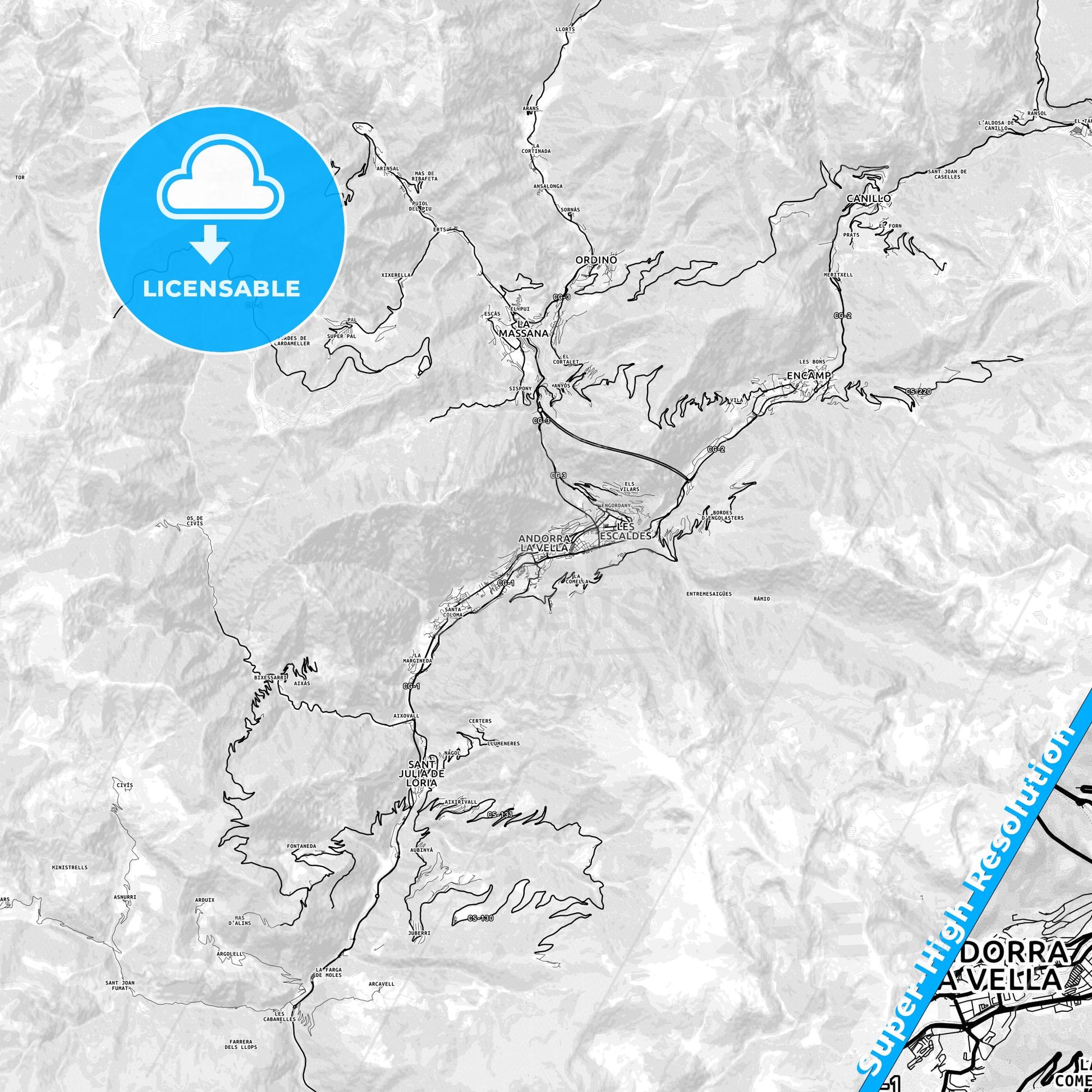 Andorra la Vella, Andorra light map with streetnames, citynames and districts