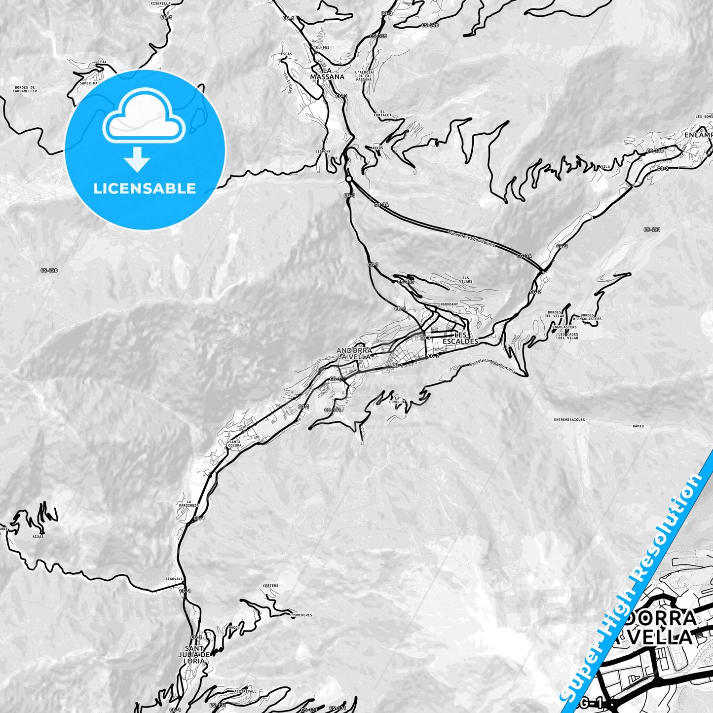 Andorra la Vella, Andorra Light Map with Street Names, City Names, and Districts