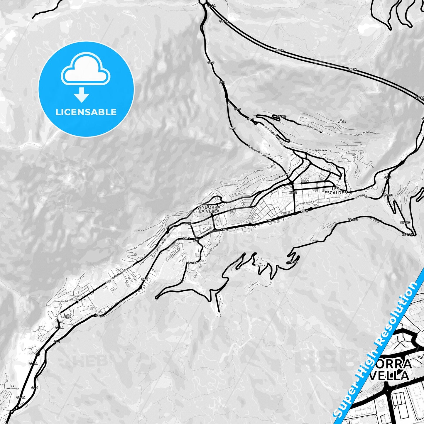 Andorra la Vella, Andorra Light Map with Street Names, City Names, and Districts