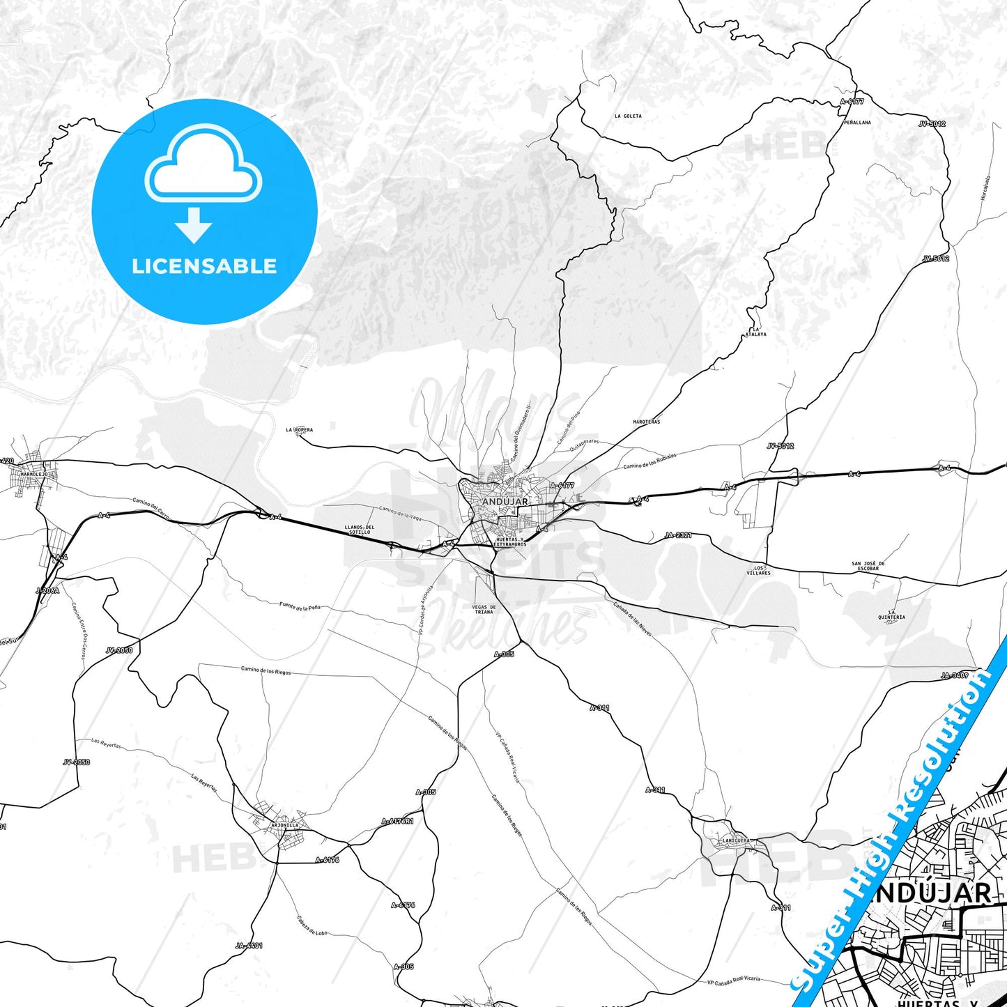 Andújar, Spain light map with streetnames, citynames and districts