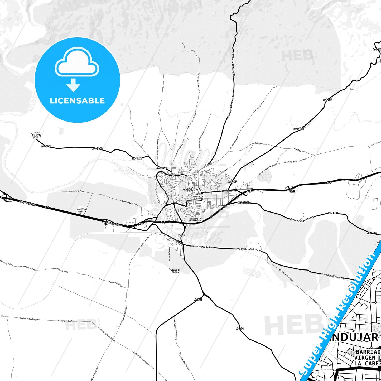 Andújar, Spain Light Map with Street Names, City Names, and Districts
