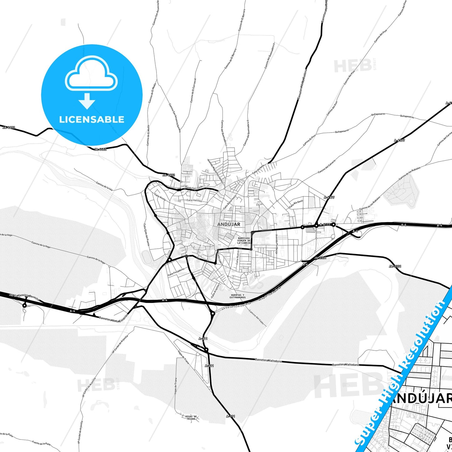 Andújar, Spain Light Map with Street Names, City Names, and Districts