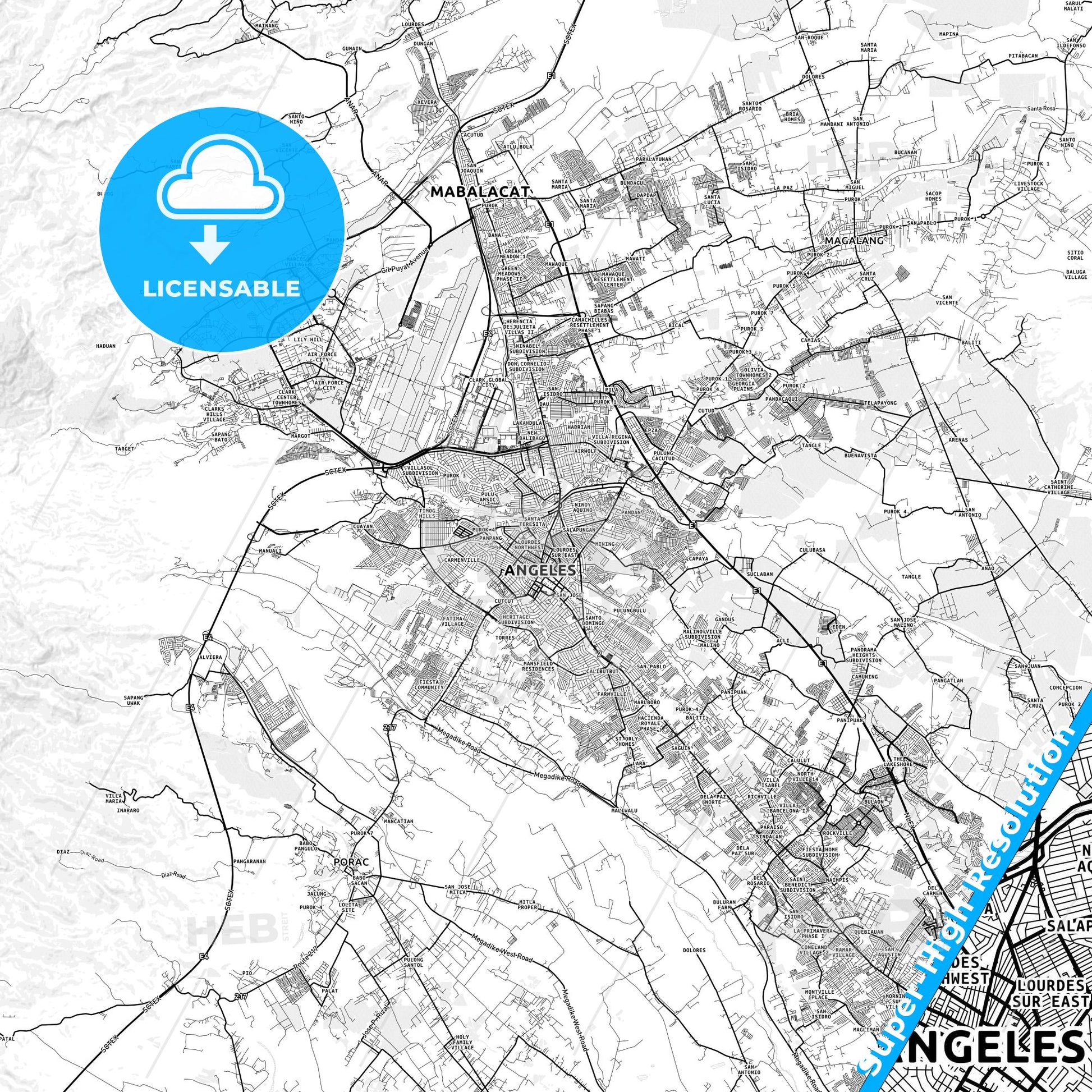 Angeles, Philippines light map with streetnames, citynames and districts