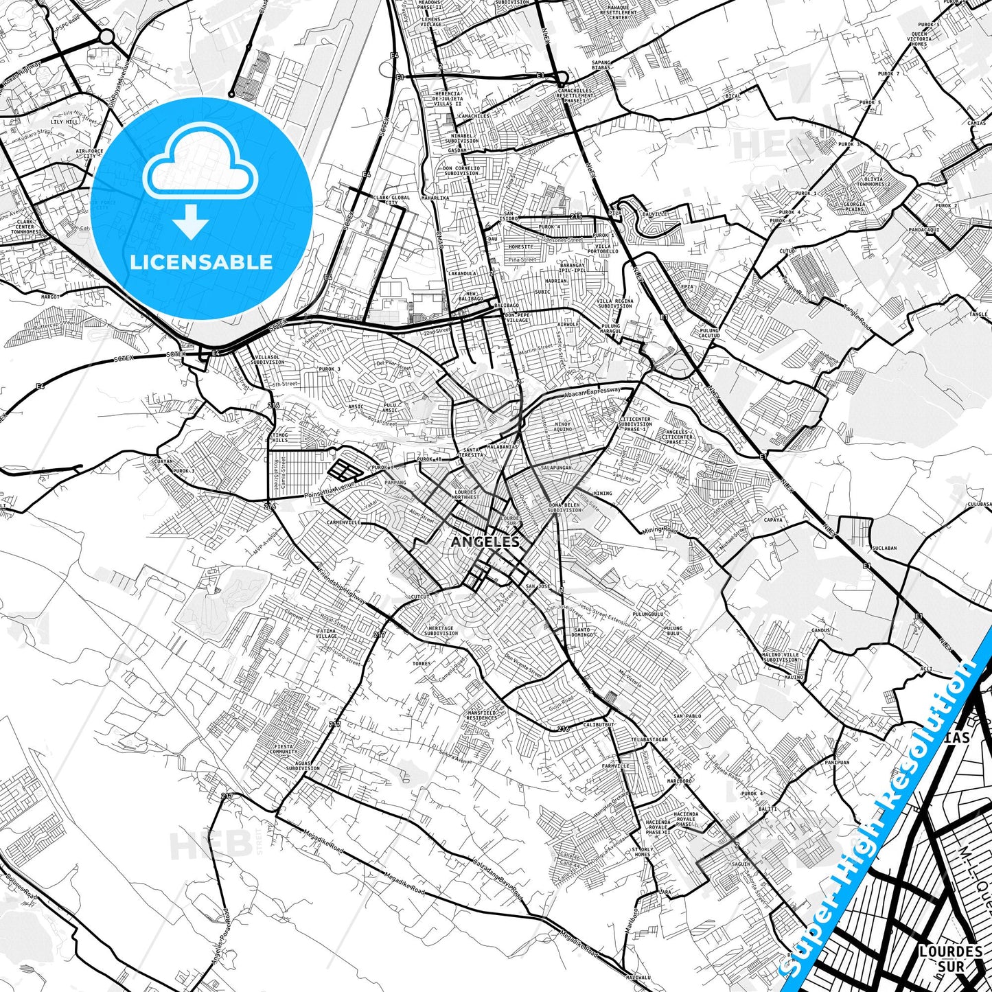 Angeles, Philippines Light Map with Street Names, City Names, and Districts