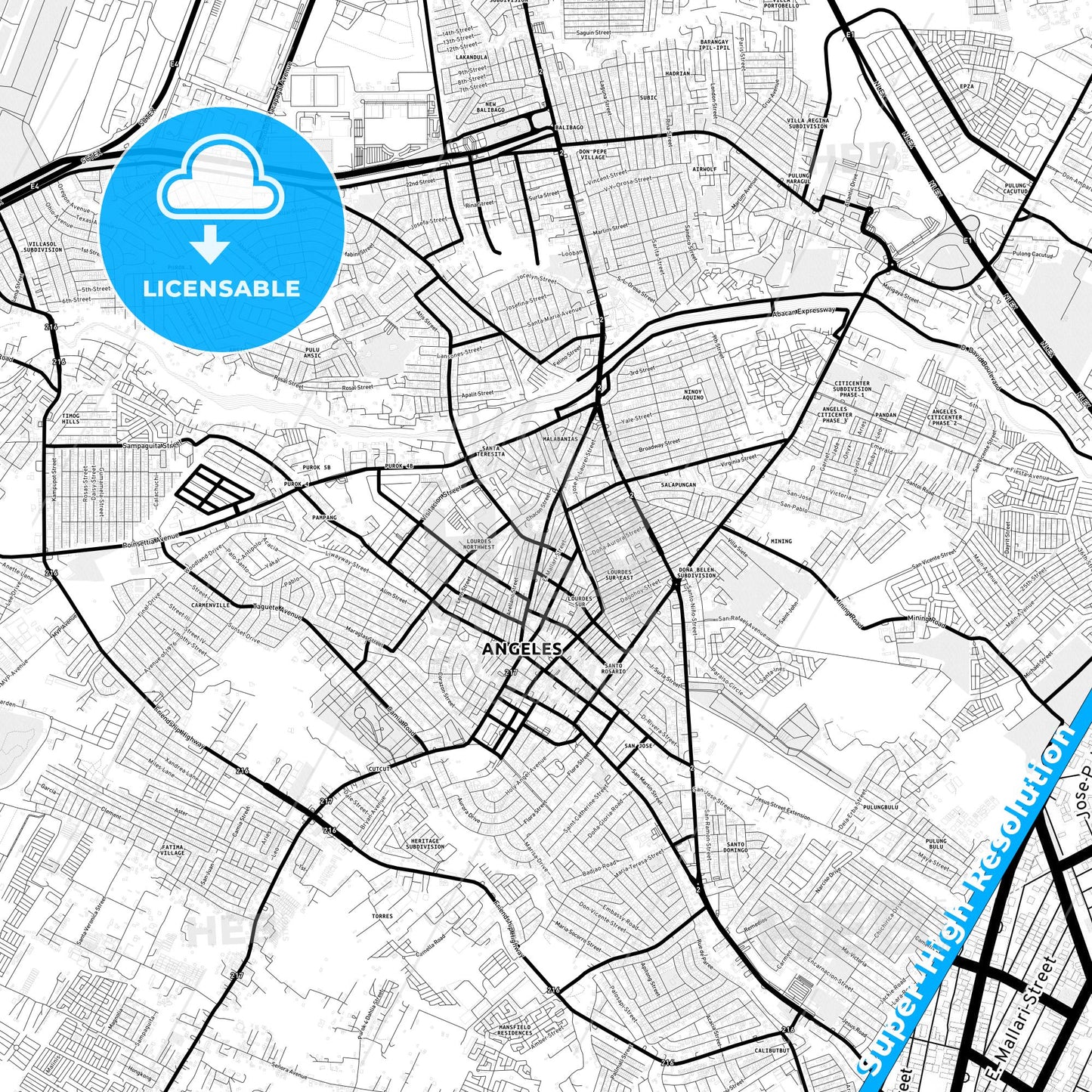 Angeles, Philippines Light Map with Street Names, City Names, and Districts