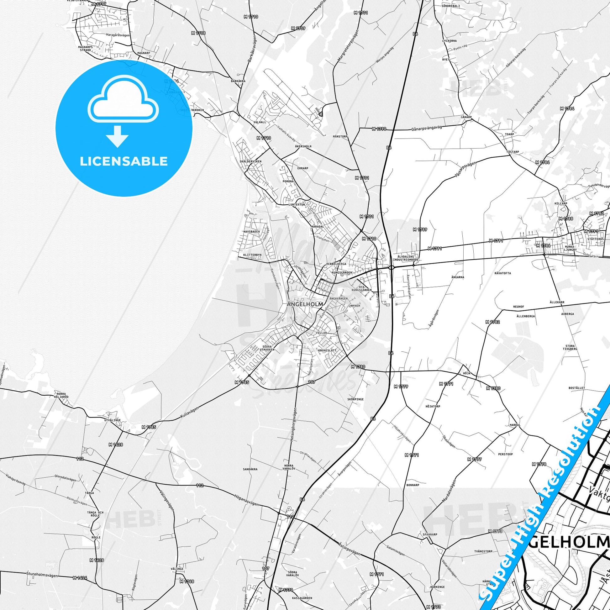 Ängelholm, Sweden light map with streetnames, citynames and districts