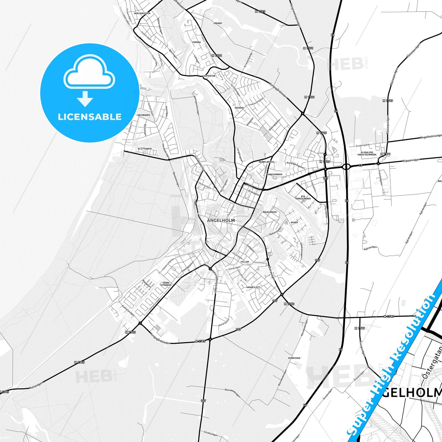 Ängelholm, Sweden Light Map with Street Names, City Names, and Districts