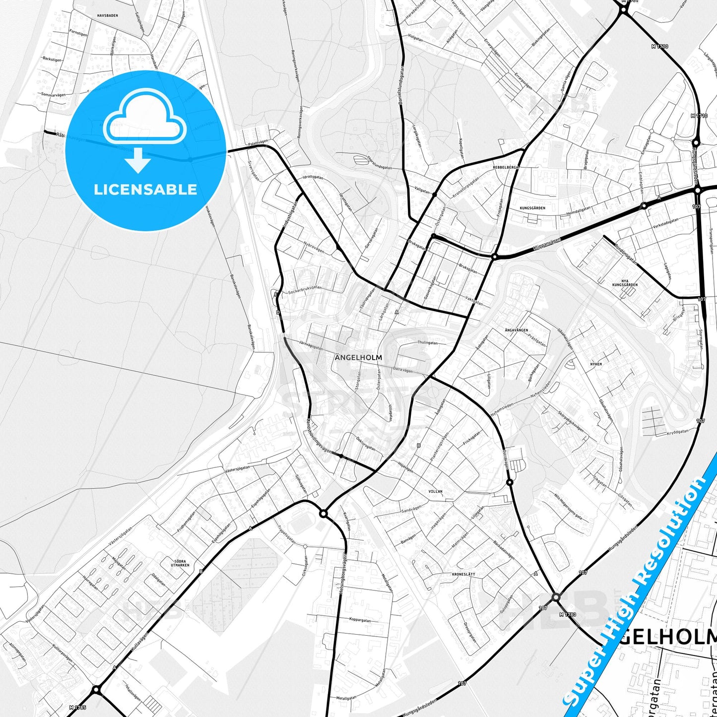 Ängelholm, Sweden Light Map with Street Names, City Names, and Districts