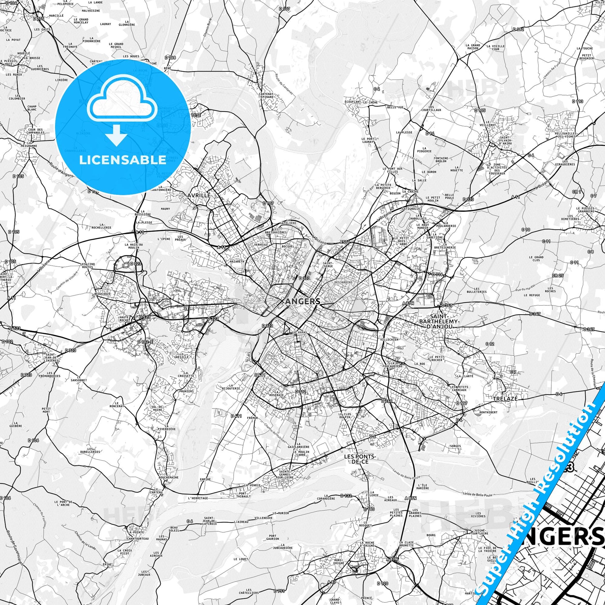 Angers, France light map with streetnames, citynames and districts