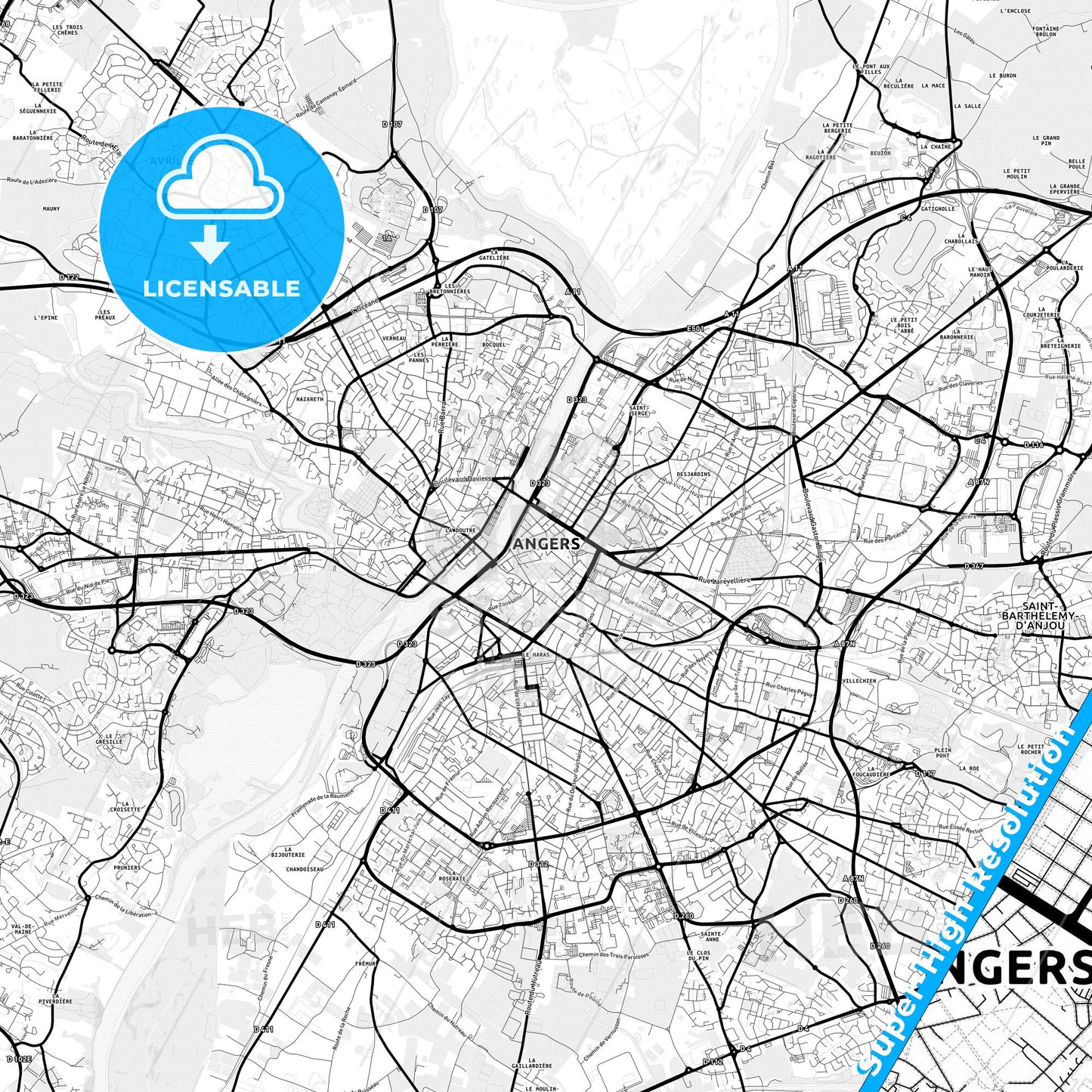 Angers, France Light Map with Street Names, City Names, and Districts