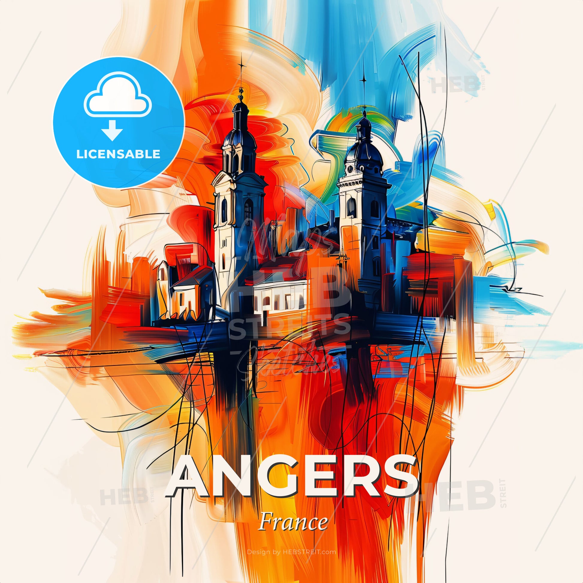 Vibrant Angers, France - A Painting Of A Building With Towers And A Colorful Background - Square format print template