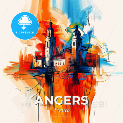 Vibrant Angers, France - A Painting Of A Building With Towers And A Colorful Background - Square format print template