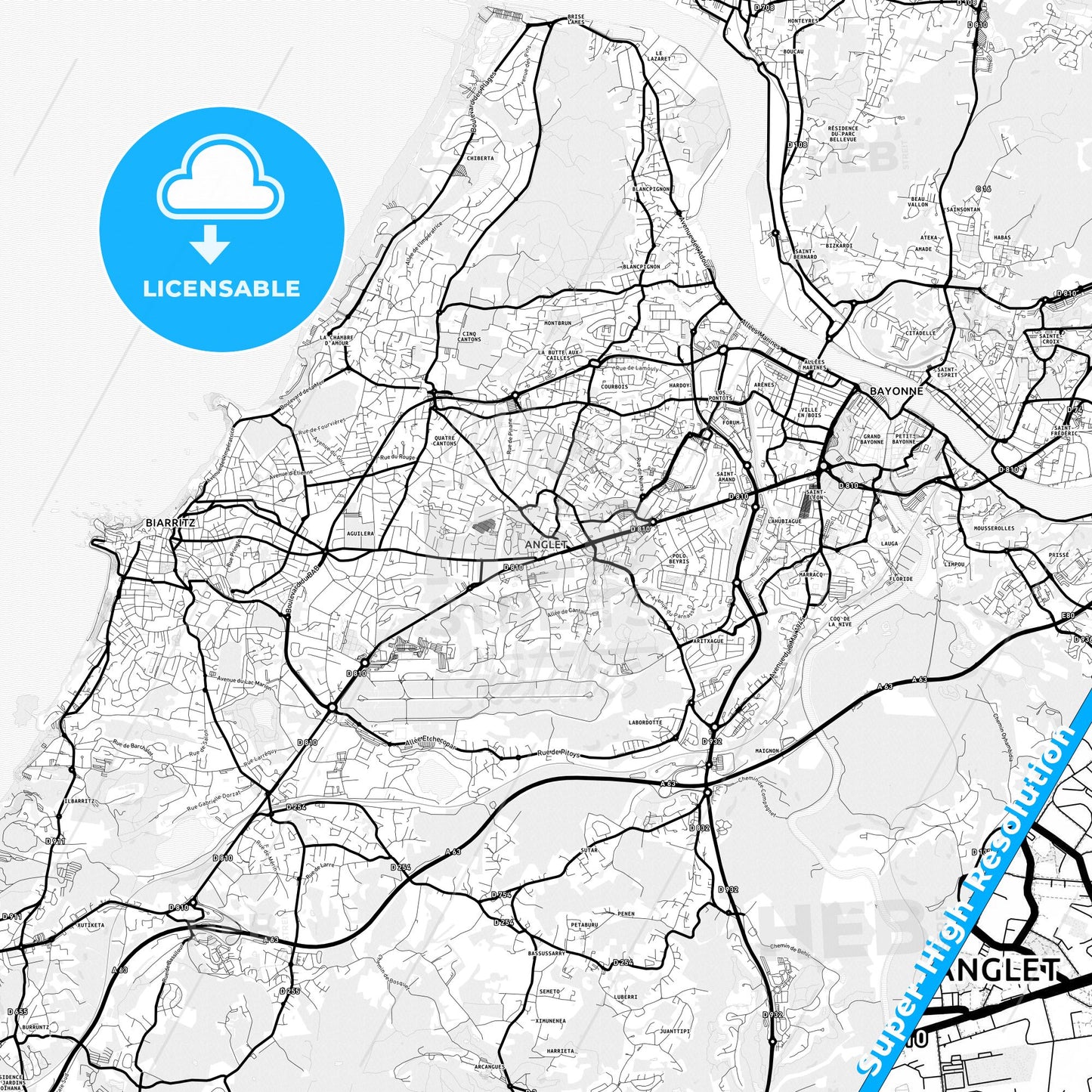 Anglet, France Light Map with Street Names, City Names, and Districts