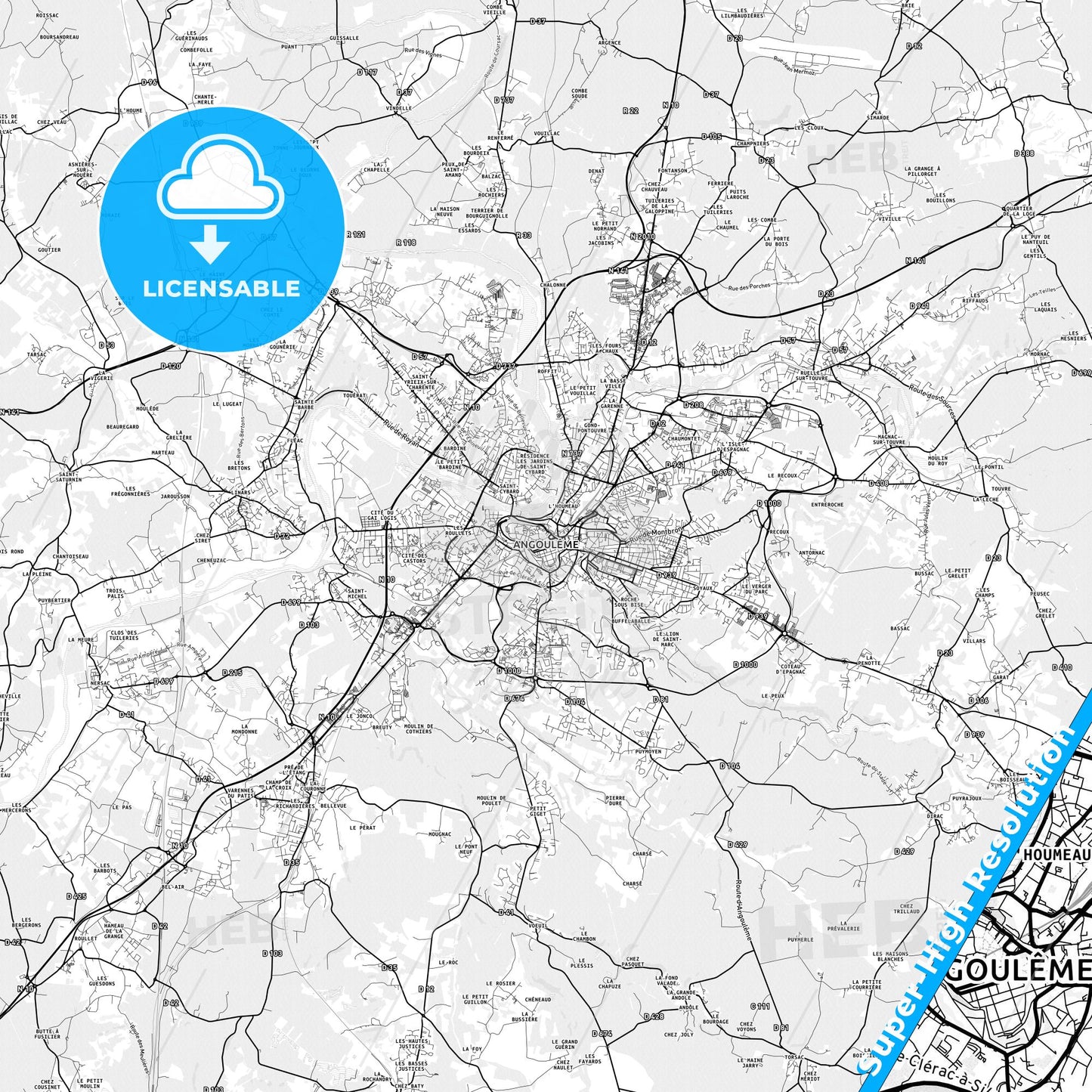 Angoulême, France light map with streetnames, citynames and districts