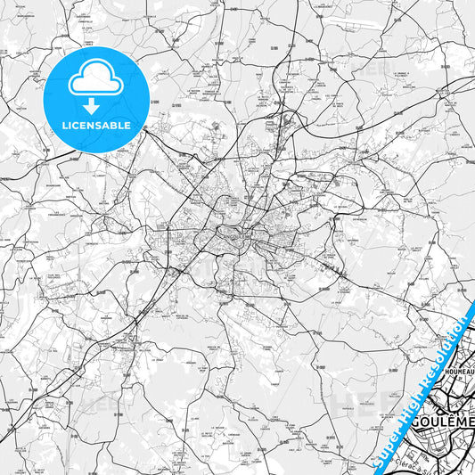 Angoulême, France light map with streetnames, citynames and districts