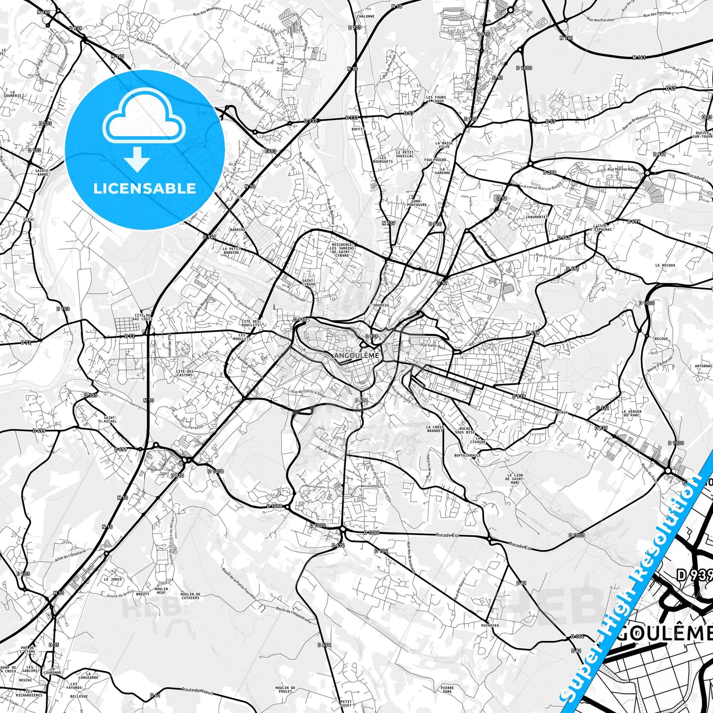 Angoulême, France Light Map with Street Names, City Names, and Districts