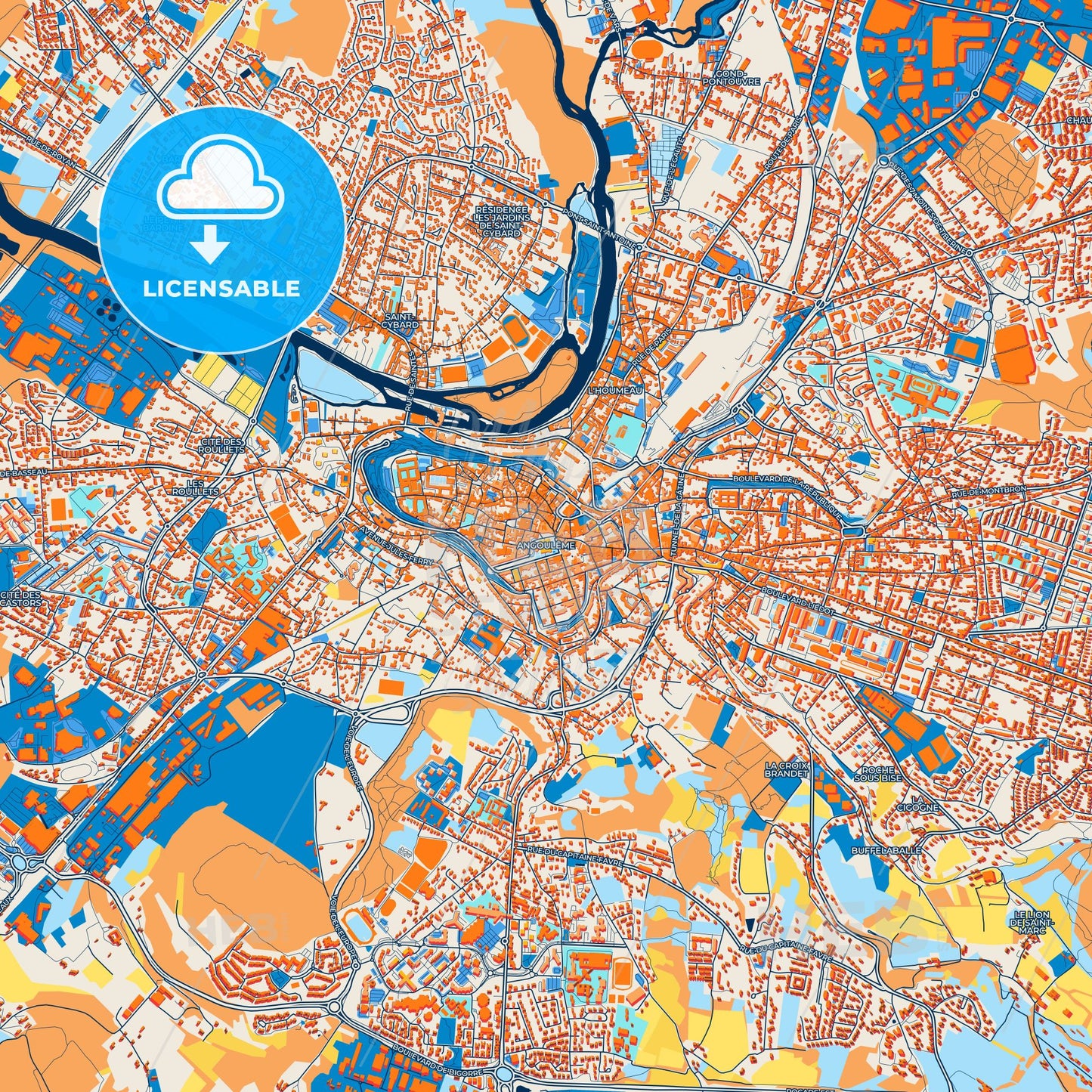 Colorful Angoulême Street Map with Labels and Buildings