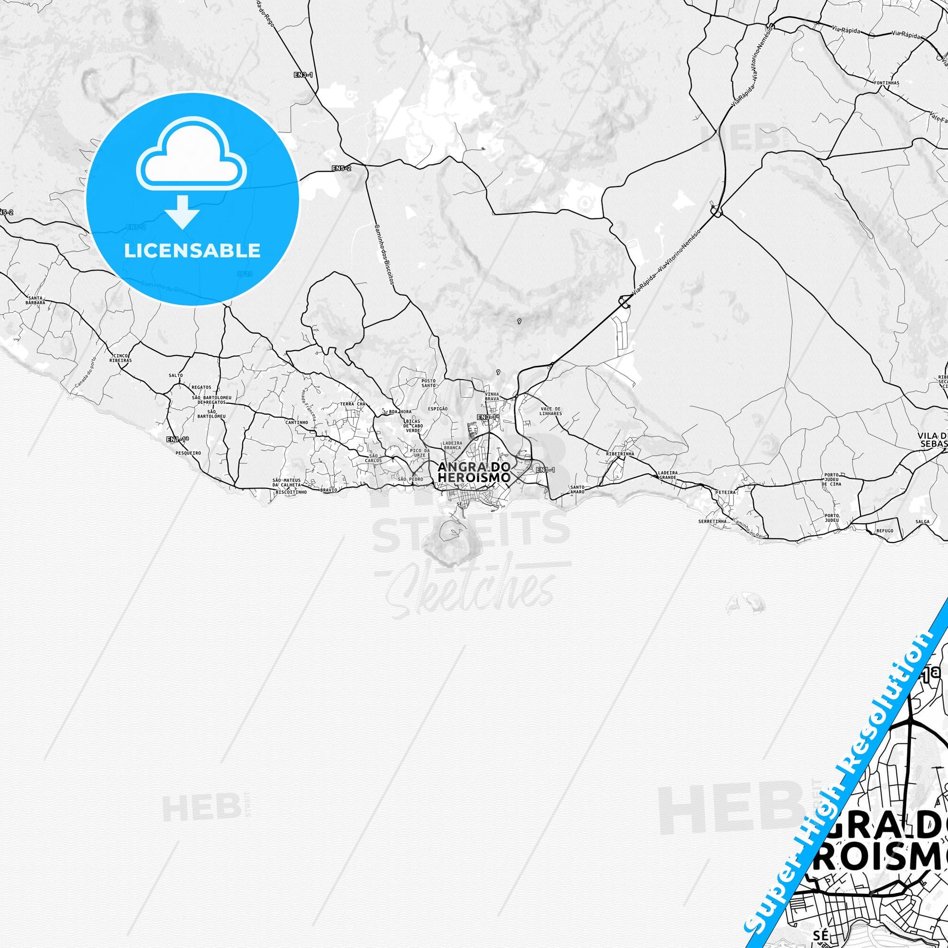 Angra do Heroísmo, Portugal light map with streetnames, citynames and districts