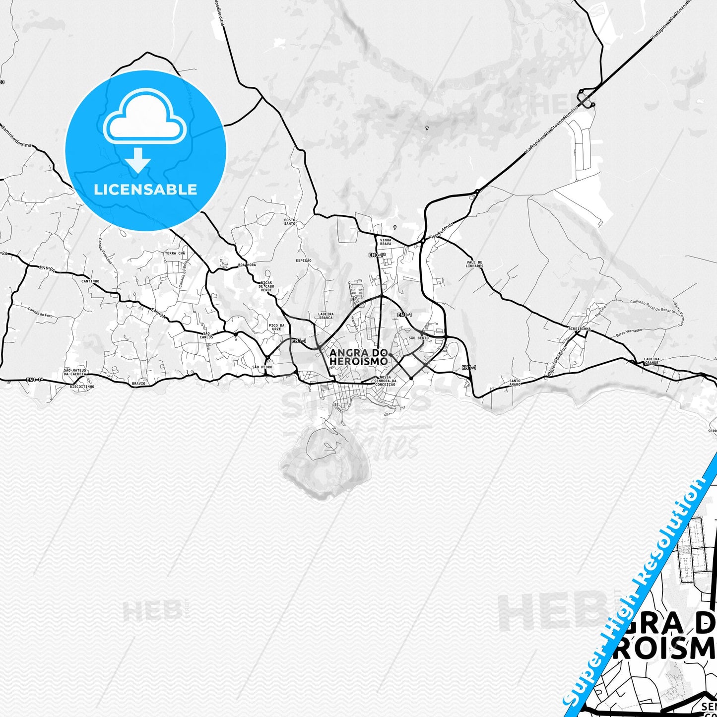 Angra do Heroísmo, Portugal Light Map with Street Names, City Names, and Districts
