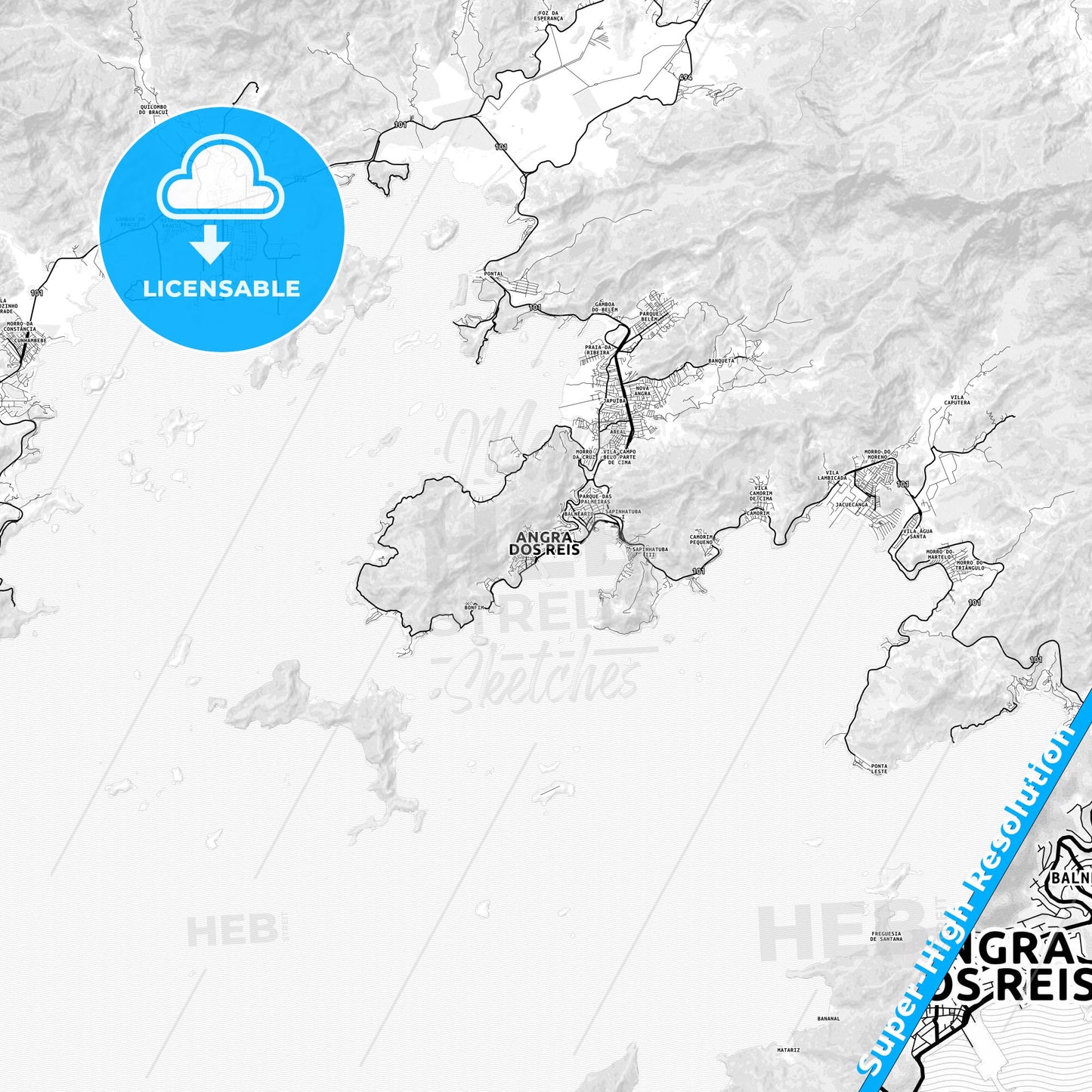 Angra dos Reis, Brazil light map with streetnames, citynames and districts