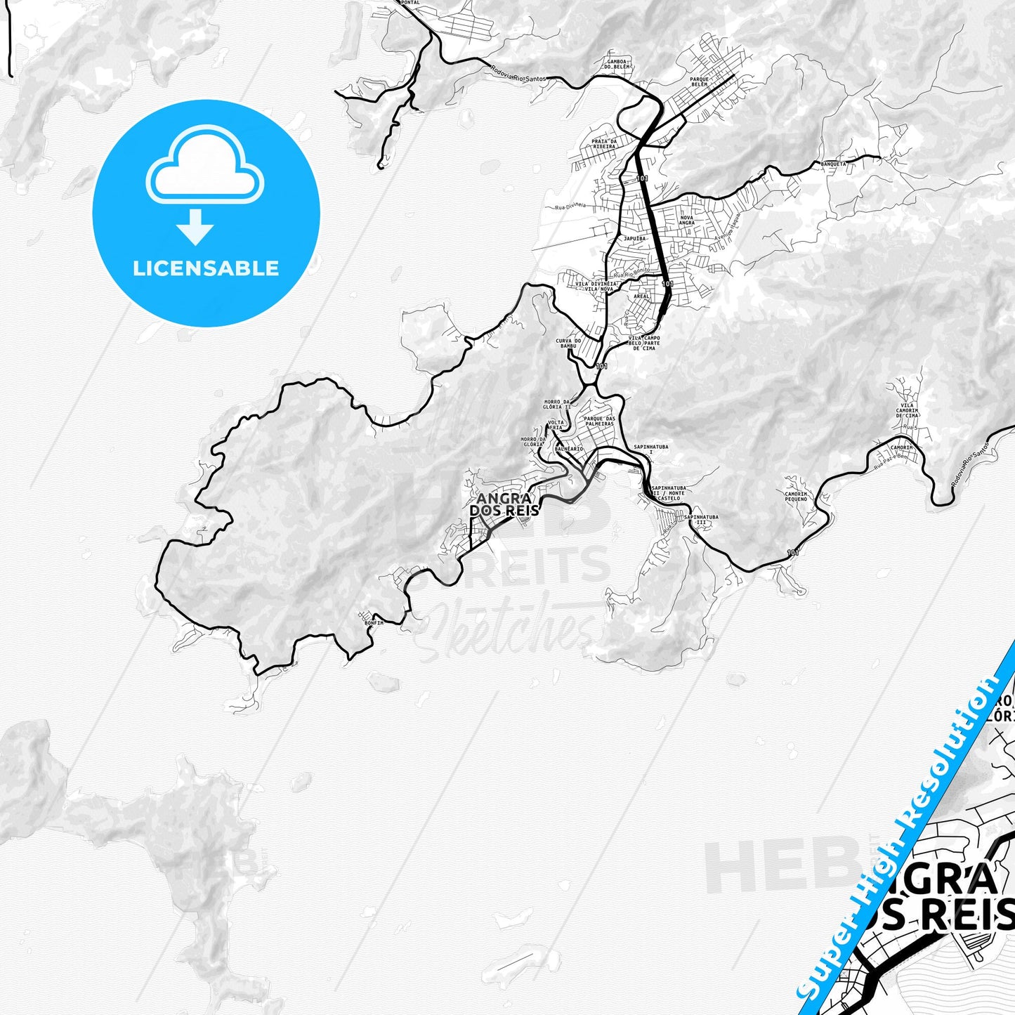 Angra dos Reis, Brazil Light Map with Street Names, City Names, and Districts