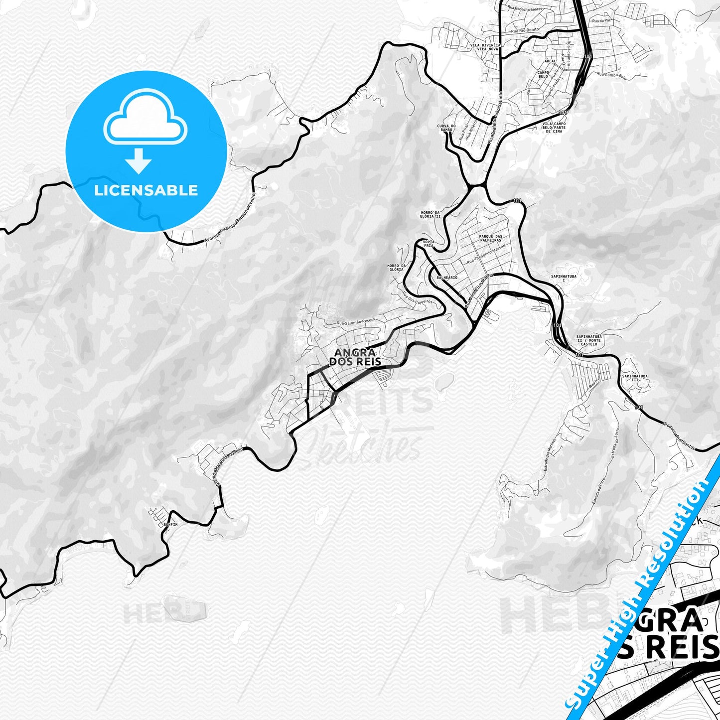 Angra dos Reis, Brazil Light Map with Street Names, City Names, and Districts