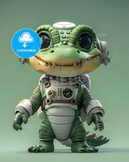Cosmic Explorer: Anthropomorphic Alligator Astronaut in Space Suit, 3D Cartoon Character, White Isolated Background, Vibrant Art