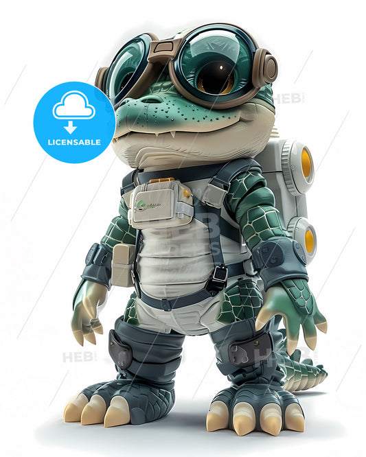 Anthropomorphic Crocodile Astronaut Standing on Two Legs, Wearing Goggles and Backpack, Vibrant Painting, Isolated on White Background, Full Body, 3D Character Cartoon, Slight Aliasing