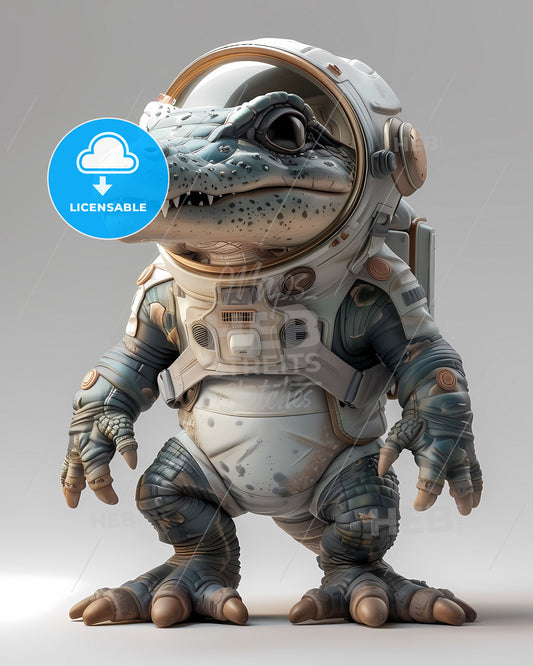 Astronaut Alligator: Anthropomorphic Reptile in Space Suit Standing on Two Legs, Isolate White Background, 3D Cartoon Character