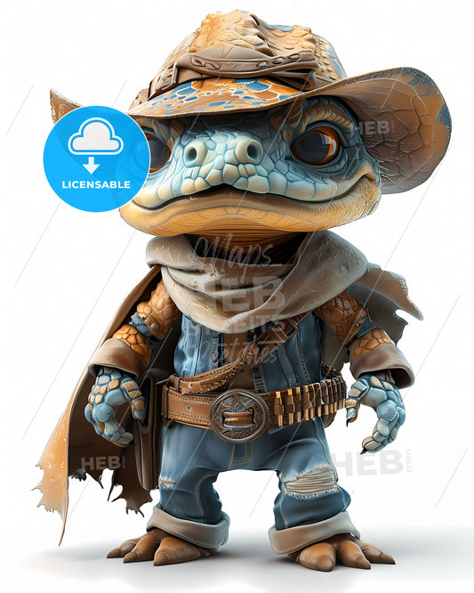 Anthropomorphic Alligator Cowboy Biker in Western Wear, Isolated on White, 3D Cartoon Character with Slight Aliasing, Vibrant Art, Painting Focus