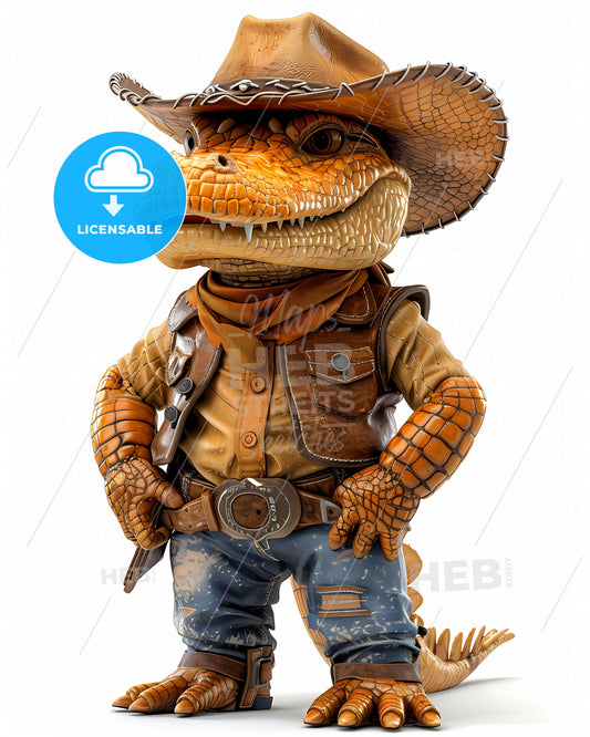 Vibrant Painting: Anthropomorphic Alligator Cowboy Biker with Cowboy Hat on White Background, Full Body Cartoon Character Concept